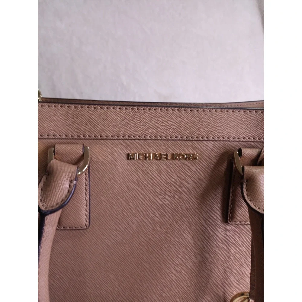 Michael Kors Dillon Saffiano Leather Satchel Crossbody Bag Tan Gold Hardware